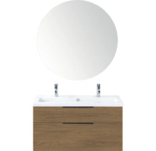 Badkamerwastafelmeubel met twee laden, opzetwastafel en ronde spiegel
