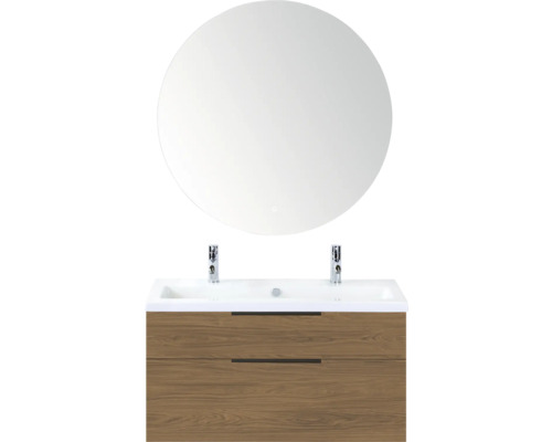 SANOX Badkamermeubelset Think honey 100 cm met twee lades incl. keramische wastafel met twee kraangaten en Rondo spiegel Badkamerwastafelmeubel met twee laden, opzetwastafel en ronde spiegel
