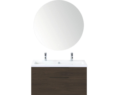 SANOX Badkamermeubelset Think smoke brown 100 cm met twee lades incl. keramische wastafel met twee kraangaten en Rondo spiegel Badkamermeubelset met ronde spiegel, wastafel en onderkast