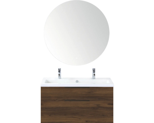 SANOX Badkamermeubelset Think walnoot 100 cm met twee lades incl. keramische wastafel met twee kraangaten en Rondo spiegel Wastafelcombinatie met ronde spiegel, wastafel en onderkast met lades