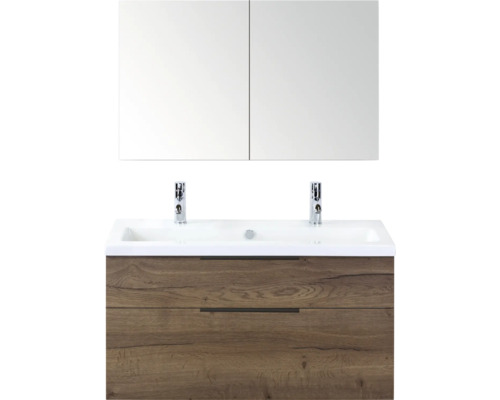 Wastafelmeubel met spiegel, houtlook en twee lades