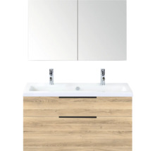 Wastafelcombinatie met twee wastafels, spiegelkast en houtlook