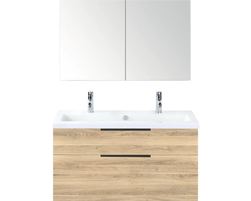 Wastafelcombinatie met twee wastafels, spiegelkast en houtlook