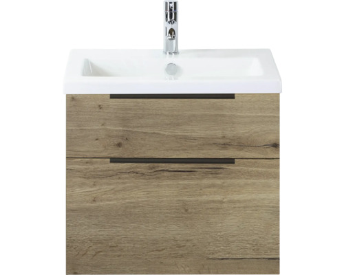 SANOX Badkamermeubelset Think natuur eiken 60 cm met twee lades incl. keramische wastafel met één kraangat Wastafelonderkast met twee laden en wastafel