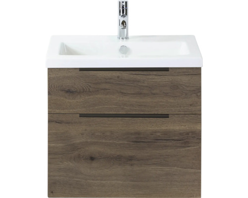SANOX Badkamermeubelset Think tabacco 60 cm met twee lades incl. keramische wastafel met één kraangat Wastafelonderkast met twee lades en wastafel
