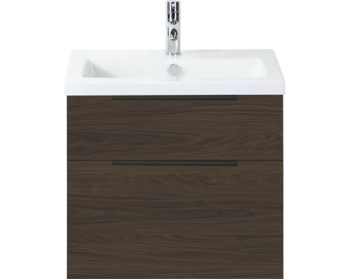 SANOX Badkamermeubelset Think smoke brown 60 cm met twee lades incl. keramische wastafel met één kraangat Wastafelonderkast met twee laden, opzetwastafel en kraan