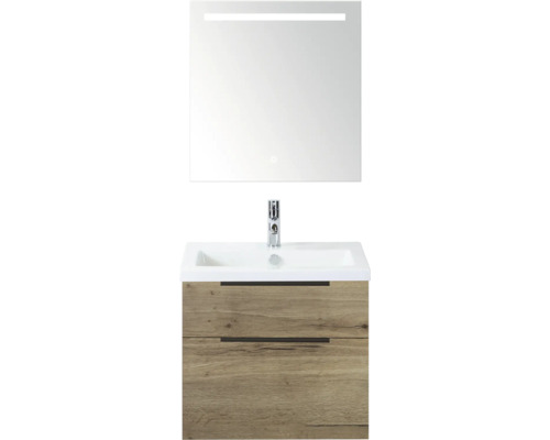 SANOX Badkamermeubelset Think natuur eiken 60 cm met twee lades incl. keramische wastafel met één kraangat en Sence spiegel Wastafel met onderkast en verlichte spiegel voor de badkamer