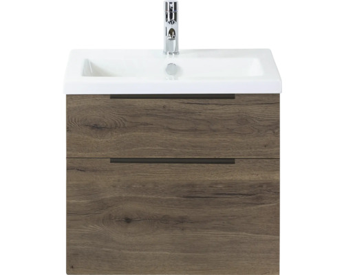 SANOX Badkamermeubelset Think tabacco 60 cm met twee lades incl. keramische wastafel met één kraangat en Sence spiegel Wastafelmeubel met twee laden en kraan