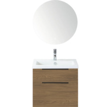 Wastafelcombinatie met ronde spiegel en houten onderkast