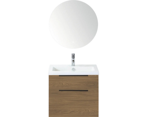 SANOX Badkamermeubelset Think honey 60 cm met twee lades incl. keramische wastafel met één kraangat en Rondo spiegel Wastafelcombinatie met ronde spiegel en houten onderkast