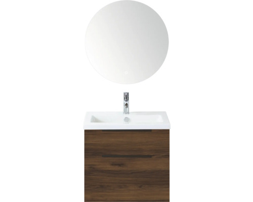 SANOX Badkamermeubelset Think walnoot 60 cm met twee lades incl. keramische wastafel met één kraangat en Rondo spiegel Wastafelmeubel met ronde spiegel voor de badkamer