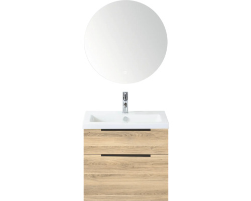 SANOX Badkamermeubelset Think grey oak 60 cm met twee lades incl. keramische wastafel met één kraangat en Rondo spiegel Wastafelmeubel met ronde spiegel, wastafel en twee lades