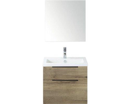 Wastafelcombinatie met spiegel, wastafel, kraan en onderkast in houtlook
