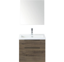 Wastafelcombinatie met spiegel, wastafel en onderkast met twee laden in houtlook