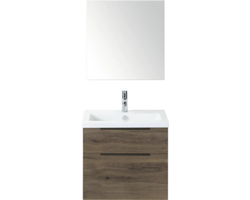 Wastafelcombinatie met spiegel, wastafel en onderkast met twee laden in houtlook