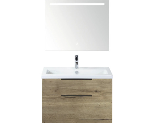 SANOX Badkamermeubelset Think natuur eiken 80 cm met twee lades incl. keramische wastafel met één kraangat en Sence spiegel Wastafelmeubel met onderkast, spiegel en kraan