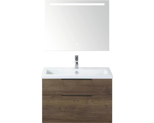 SANOX Badkamermeubelset Think tabacco 80 cm met twee lades incl. keramische wastafel met één kraangat en Sence spiegel Wastafelmeubel met spiegel en onderkast