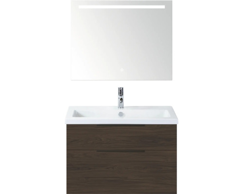 SANOX Badkamermeubelset Think smoke brown 80 cm met twee lades incl. keramische wastafel met één kraangat en Sence spiegel Wastafelcombinatie met spiegel, wastafel en onderkast