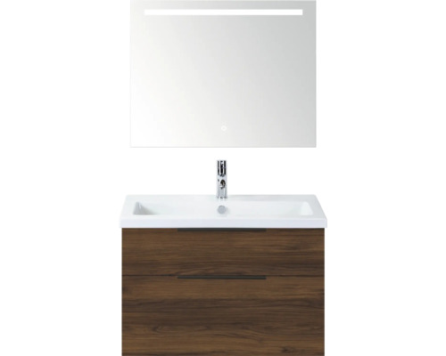 SANOX Badkamermeubelset Think walnoot 80 cm met twee lades incl. keramische wastafel met één kraangat en Sence spiegel Wastafelonderkast met wastafel en spiegel