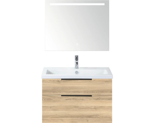 SANOX Badkamermeubelset Think grey oak 80 cm met twee lades incl. keramische wastafel met één kraangat en Sence spiegel Wastafelcombinatie met spiegel, wastafel en onderkast