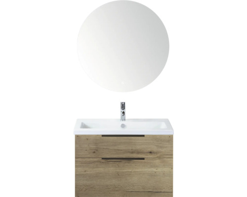 SANOX Badkamermeubelset Think natuur eiken 80 cm met twee lades incl. keramische wastafel met één kraangat en Rondo spiegel Wastafelmeubel met onderkast en ronde spiegel