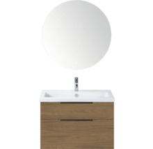 Badkamermeubelset met ronde spiegel, wastafel en onderkast met twee laden