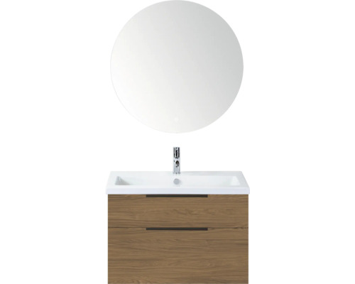 SANOX Badkamermeubelset Think honey 80 cm met twee lades incl. keramische wastafel met één kraangat en Rondo spiegel Badkamermeubelset met ronde spiegel, wastafel en onderkast met twee laden