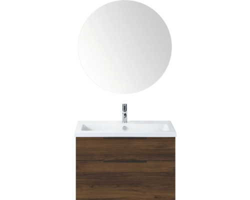 SANOX Badkamermeubelset Think walnoot 80 cm met twee lades incl. keramische wastafel met één kraangat en Rondo spiegel Wastafelcombinatie met ronde spiegel, wastafel en onderkast