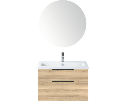 SANOX Badkamermeubelset Think grey oak 80 cm met twee lades incl. keramische wastafel met één kraangat en Rondo spiegel Wastafelmeubel met onderkast en spiegel