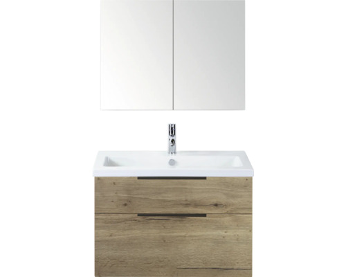 Wastafel met onderkast, spiegelkast, kraan en twee laden