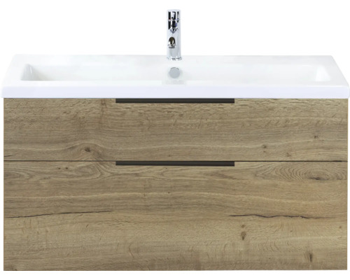 SANOX Badkamermeubelset Think natuur eiken 100 cm met twee lades incl. keramische wastafel met één kraangat Wastafelonderkast met wastafel en twee lades in houtlook