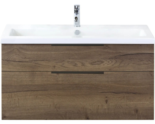 SANOX Badkamermeubelset Think tabacco 100 cm met twee lades incl. keramische wastafel met één kraangat Wastafelonderkast met twee laden en wastafel