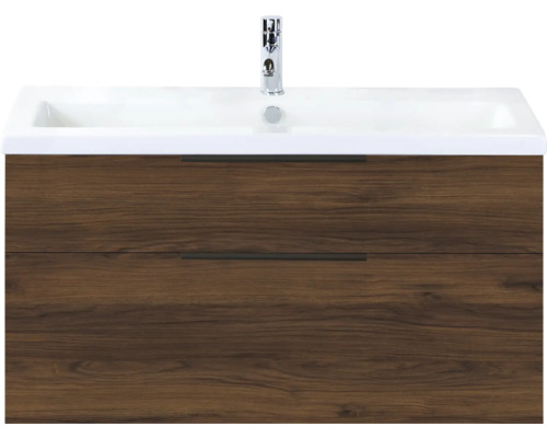 SANOX Badkamermeubelset Think walnoot 100 cm met twee lades incl. keramische wastafel met één kraangat Wastafelonderkast met twee laden en opzetwastafel