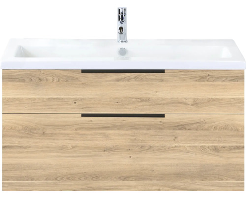 SANOX Badkamermeubelset Think grey oak 100 cm met twee lades incl. keramische wastafel met één kraangat Wastafelonderkast met twee laden en wastafel