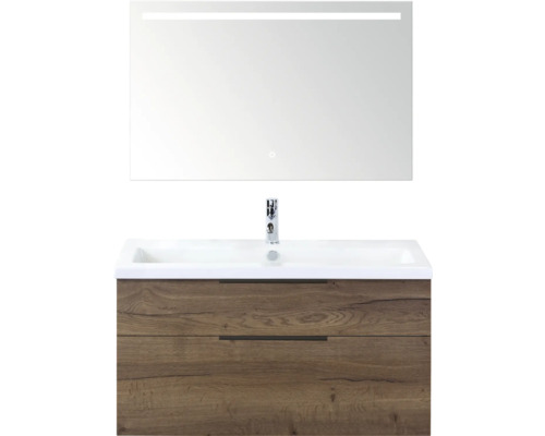 Wastafelcombinatie met wastafel, kraan en verlichte spiegel