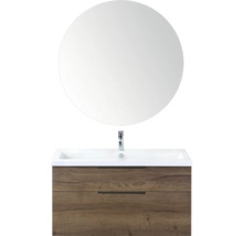 Wastafelmeubel met ronde spiegel en twee lades in houtlook