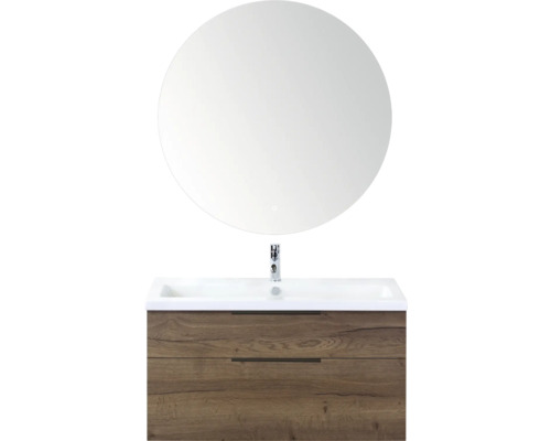 SANOX Badkamermeubelset Think tabacco 100 cm met twee lades incl. keramische wastafel met één kraangat en Rondo spiegel Wastafelmeubel met ronde spiegel en twee lades in houtlook
