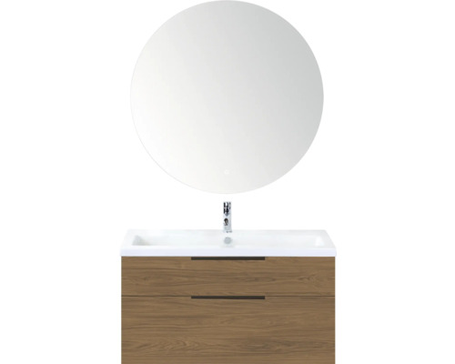 SANOX Badkamermeubelset Think honey 100 cm met twee lades incl. keramische wastafel met één kraangat en Rondo spiegel Wastafelmeubel met ronde spiegel en twee laden