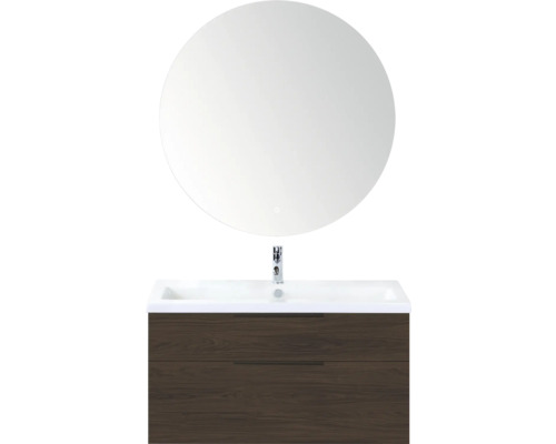 SANOX Badkamermeubelset Think smoke brown 100 cm met twee lades incl. keramische wastafel met één kraangat en Rondo spiegel Wastafelcombinatie met ronde spiegel en twee lades