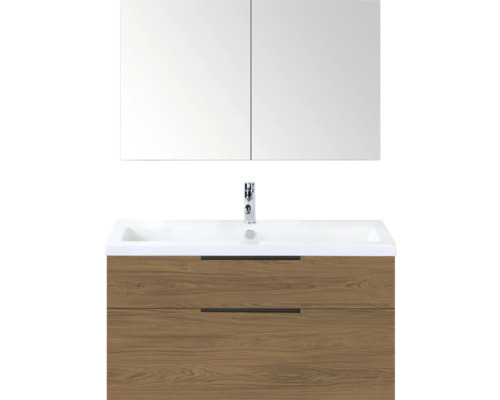 Wastafelcombinatie met spiegelkast, wastafel en onderkast in houtlook