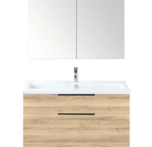 Wastafelcombinatie met spiegelkast en houten decor