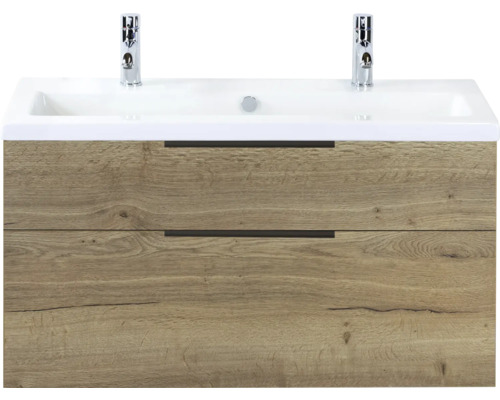 SANOX Badkamermeubelset Think natuur eiken 100 cm met twee lades incl. keramische wastafel met twee kraangaten Wastafelonderkast met twee laden en opzetwastafel