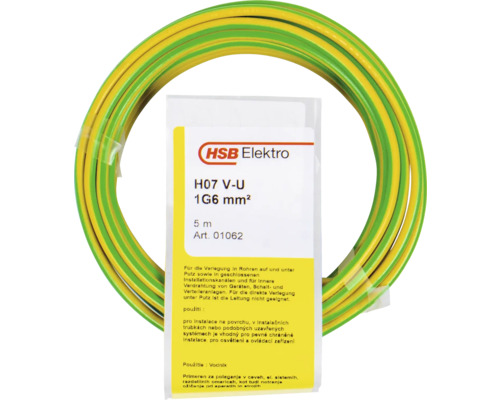H07 V-U 1G6 mm² aardingsdraad, 5 meter, voor installaties