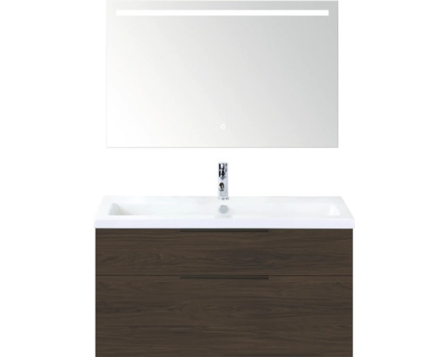 Badkamermeubelset met spiegel, wastafel en onderkast in houtlook