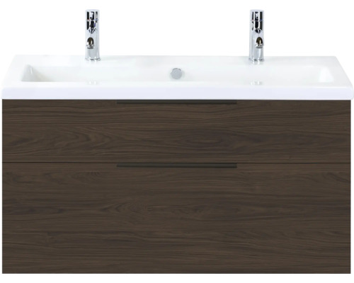 SANOX Badkamermeubelset Think smoke brown 100 cm met twee lades incl. keramische wastafel met twee kraangaten Wastafelonderkast met twee laden en wastafel
