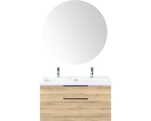 SANOX Badkamermeubelset Think grey oak 100 cm met twee lades incl. keramische wastafel met twee kraangaten en Rondo spiegel Wastafelmeubel met spiegel en houten onderkast