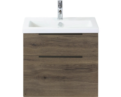 SANOX Badkamermeubelset Think tabacco 60 cm met twee lades incl. kunststenen wastafel met één kraangat Wastafelonderkast met twee laden en opzetwastafel