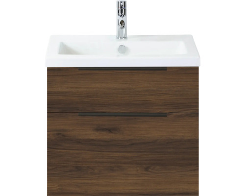 SANOX Badkamermeubelset Think walnoot 60 cm met twee lades incl. kunststenen wastafel met één kraangat Wastafelonderkast met twee laden en opzetwastafel