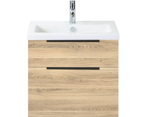 SANOX Badkamermeubelset Think grey oak 60 cm met twee lades incl. kunststenen wastafel met één kraangat Wastafelmeubel met twee laden en wastafel