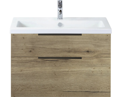 SANOX Badkamermeubelset Think natuur eiken 80 cm met twee lades incl. kunststenen wastafel met één kraangat Wastafelonderkast met twee laden en keramische wastafel